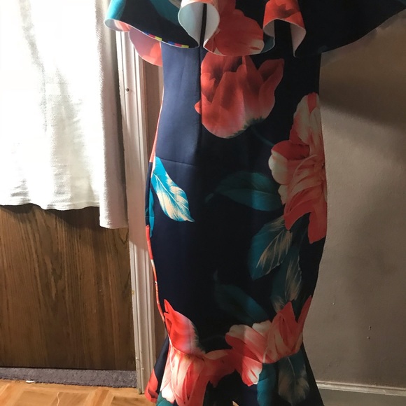 Navy blue Hawaiian pink flower boat neck dress - Picture 2 of 4